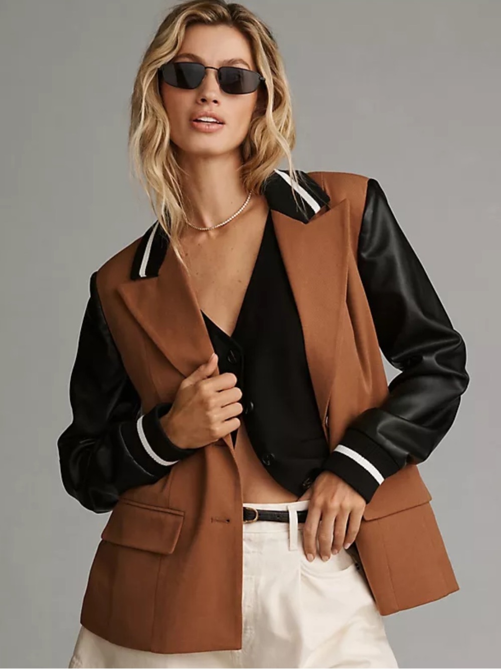 Avec Les Filles Mixed Fabric Blazer Size Small Faux Leather NWOT